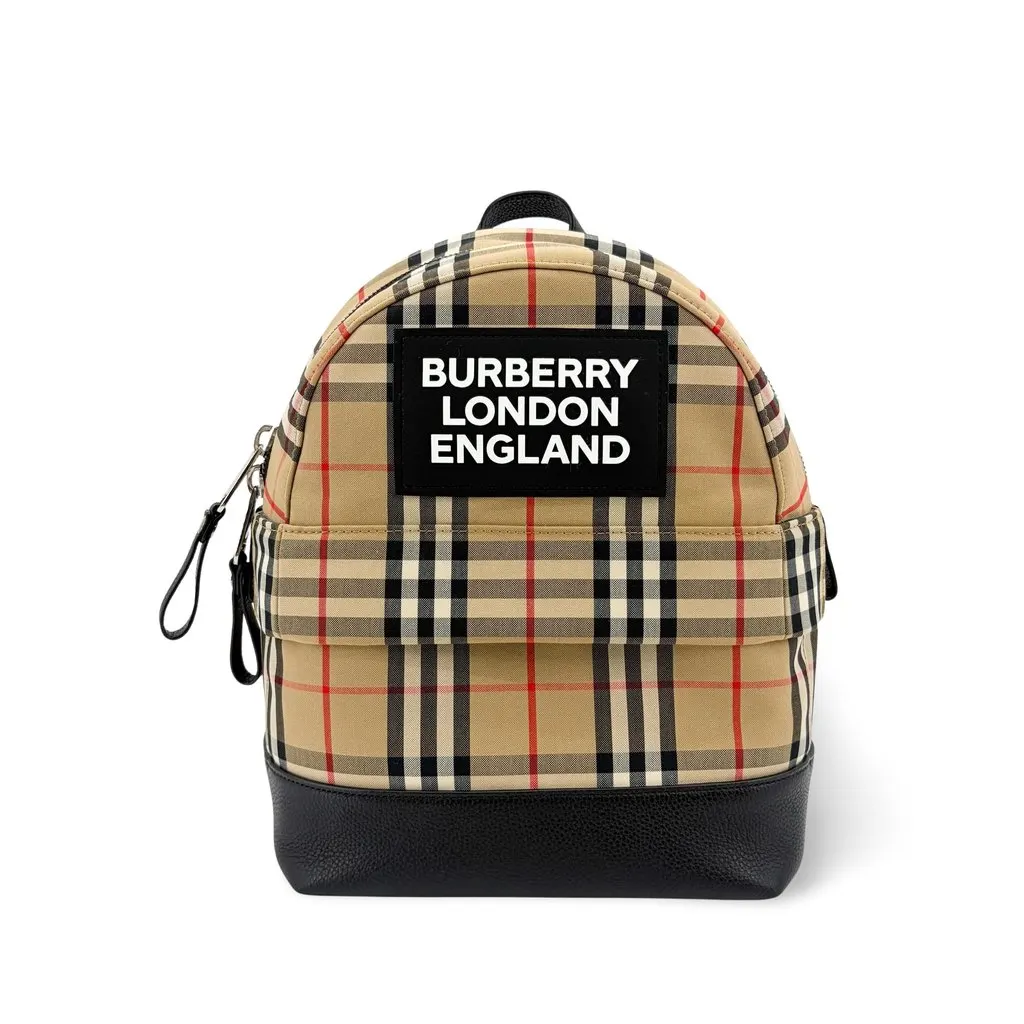 Burberry Vintage Check Leather Medium Backpack Archive Beige Black Beige Canvas Good - Front View