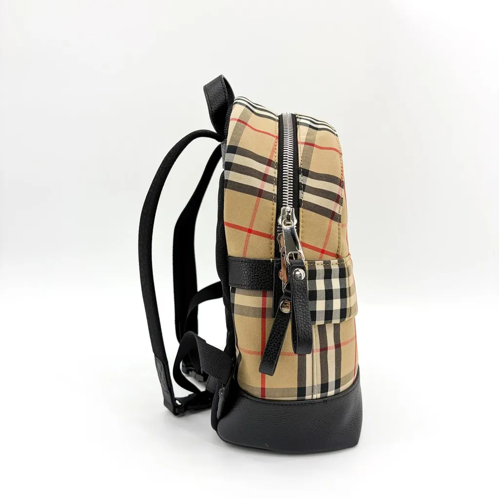 Burberry Vintage Check Leather Medium Backpack Archive Beige Black Beige Canvas Good - Model View