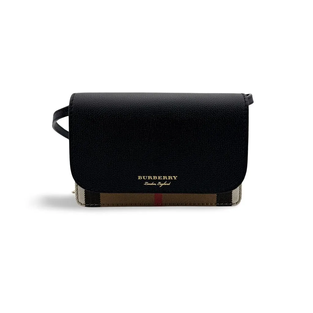 Burberry Hampshire House Check Leather Crossbody Bag Black Beige Leather Very good - Front View