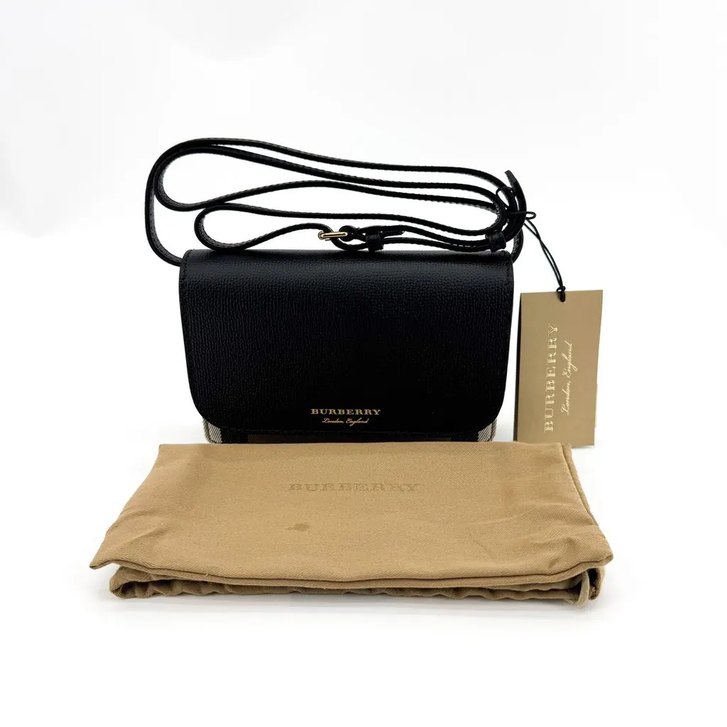 Burberry Hampshire House Check Leather Crossbody Bag Black Beige Leather Very good - Back View
