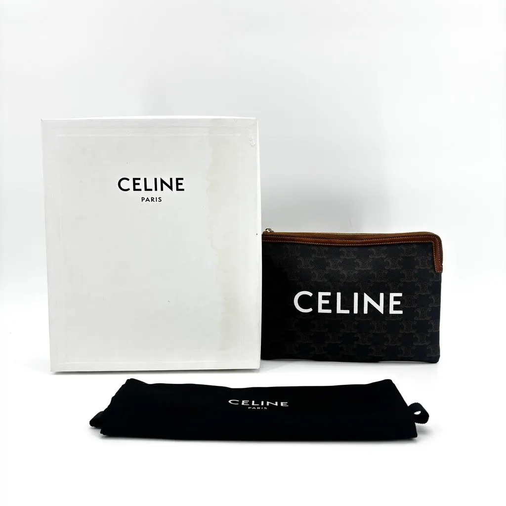 Celine Triomphe Canvas Zipped Pouch Tan Black Canvas Very good - Back View