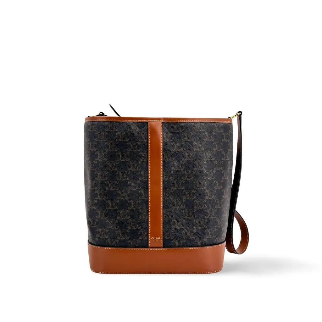 Celine Medium Bucket Bag in Triomphe Canvas and Calfskin Tan Black Canvas Very good - Front View