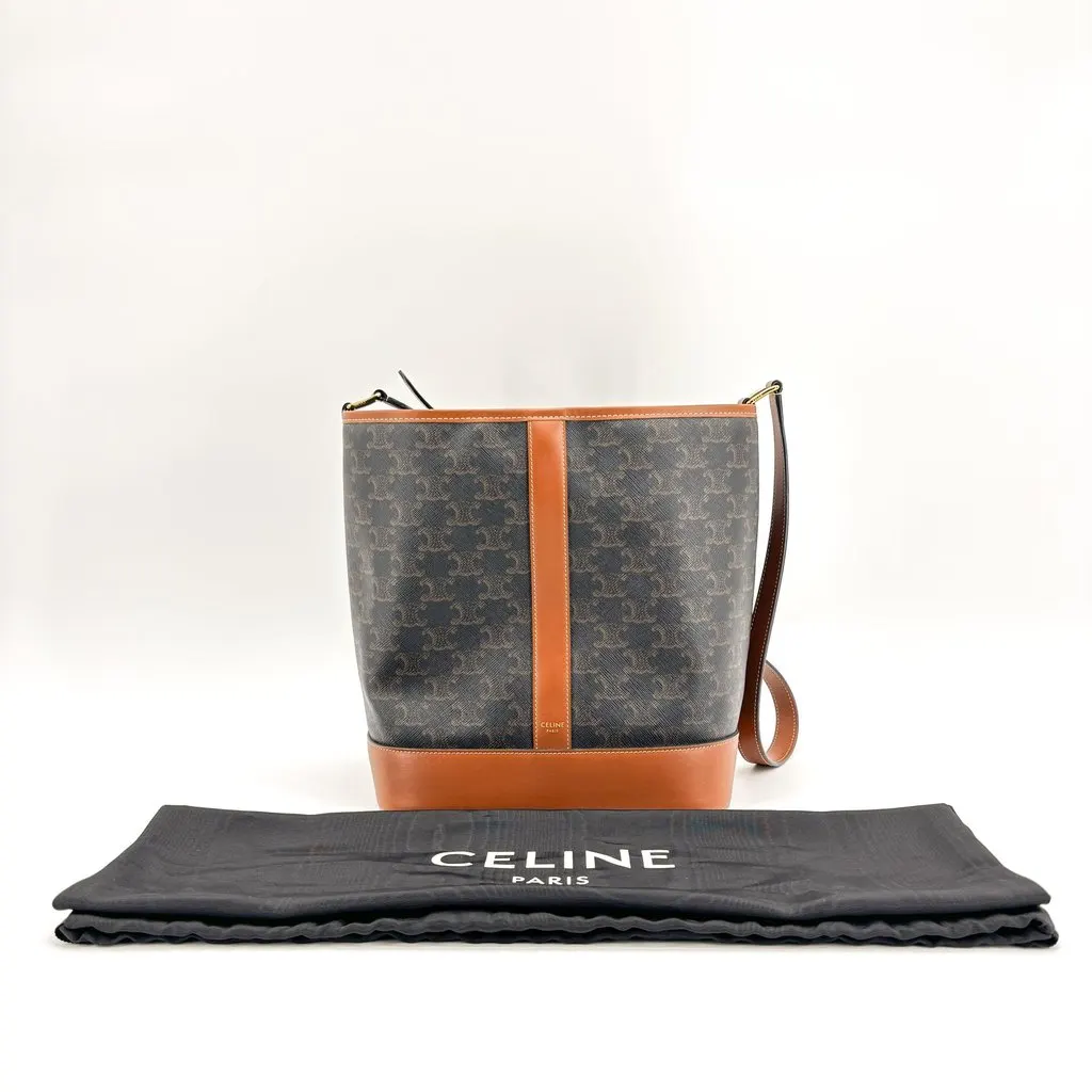 Celine Medium Bucket Bag in Triomphe Canvas and Calfskin Tan Black Canvas Very good - Back View