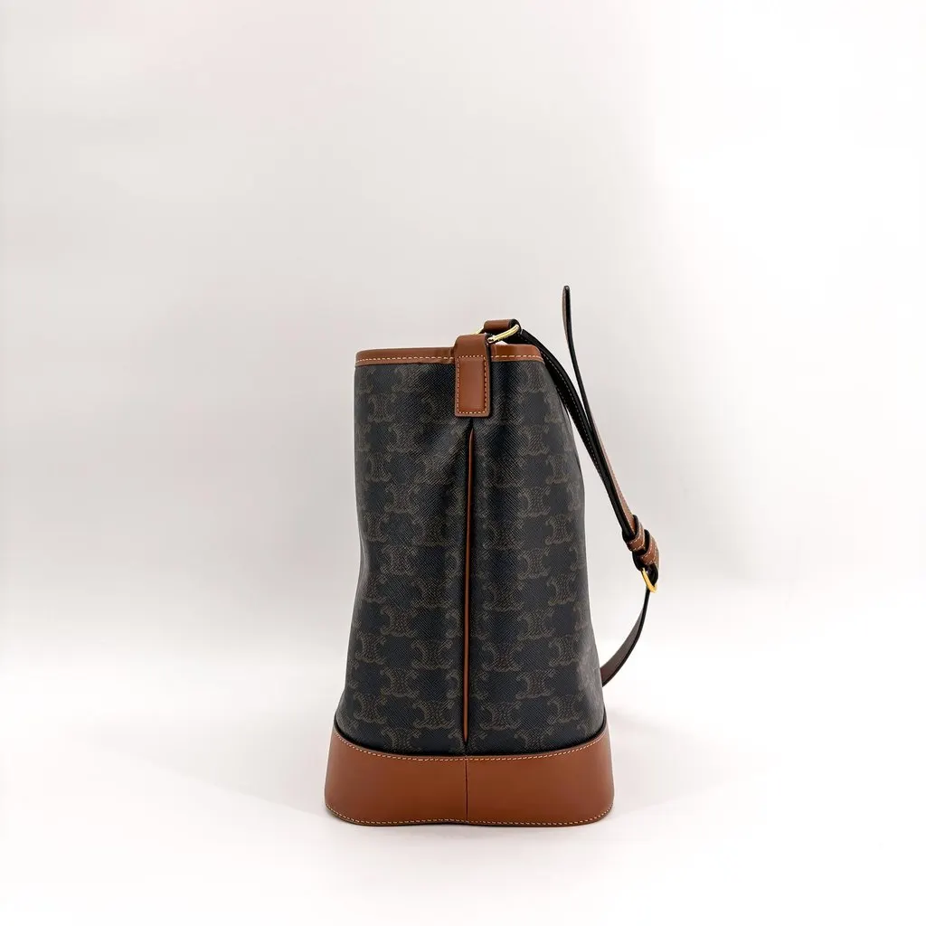 Celine Medium Bucket Bag in Triomphe Canvas and Calfskin Tan Black Canvas Very good - Model View