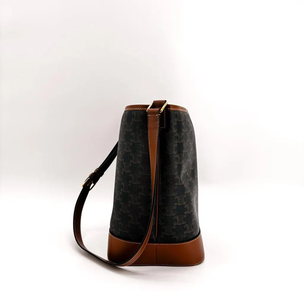 Celine Medium Bucket Bag in Triomphe Canvas and Calfskin Tan Black Canvas Very good - Box View