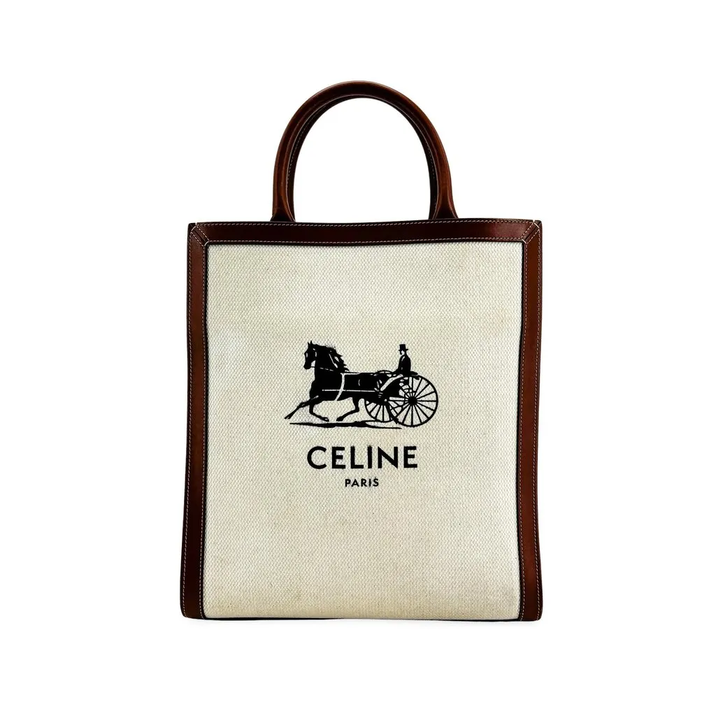 Celine Small Vertical Cabas Carriage Bag Tan Black Canvas Good - Front View
