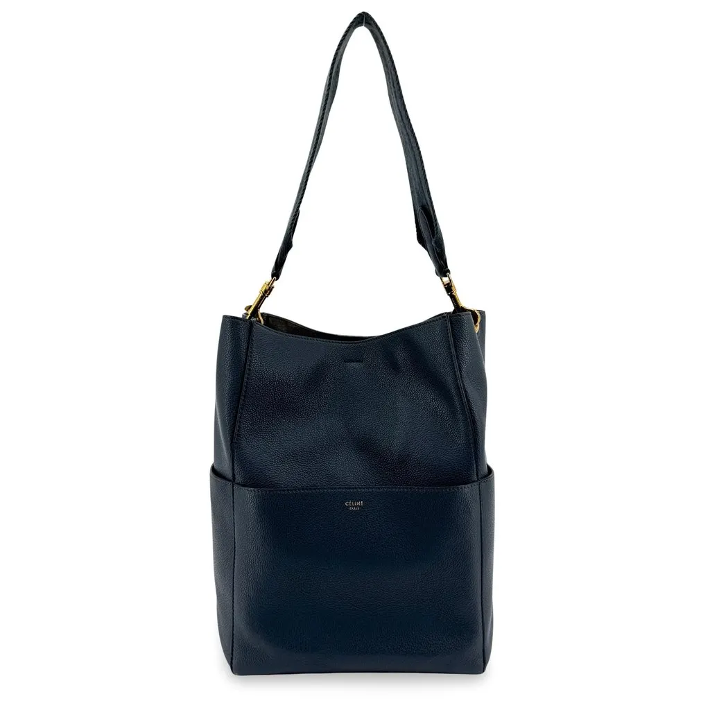 Celine Large Sangle Bucket Bag Grained Calfskin Navy Navy Leather Good - Front View