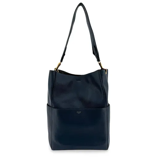 Celine Large Sangle Bucket Bag Grained Calfskin Navy