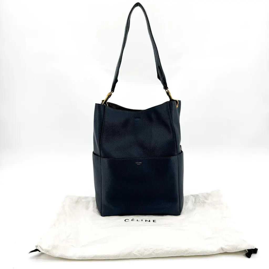 Celine Large Sangle Bucket Bag Grained Calfskin Navy Navy Leather Good - Back View