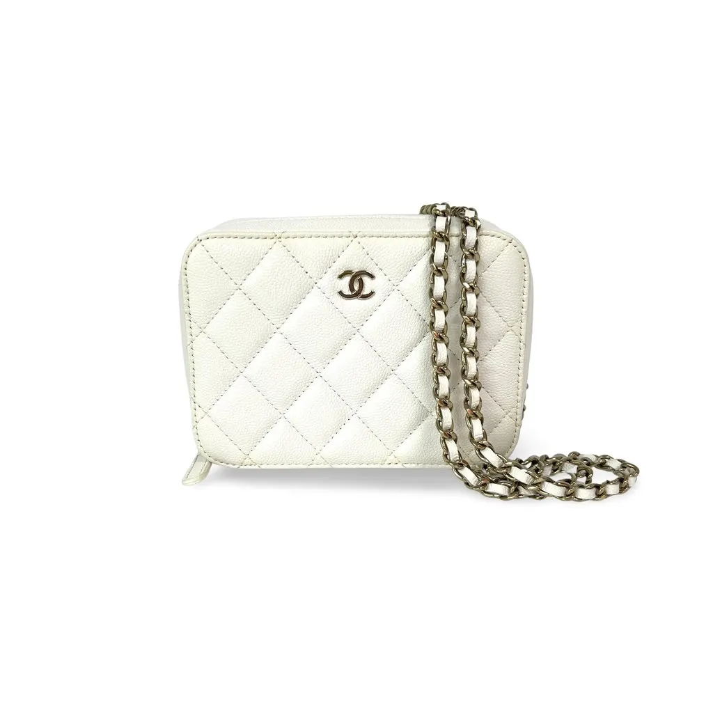 Chanel Caviar Quilted Mini Camera Case White Champagne Gold Gold Leather Good - Front View