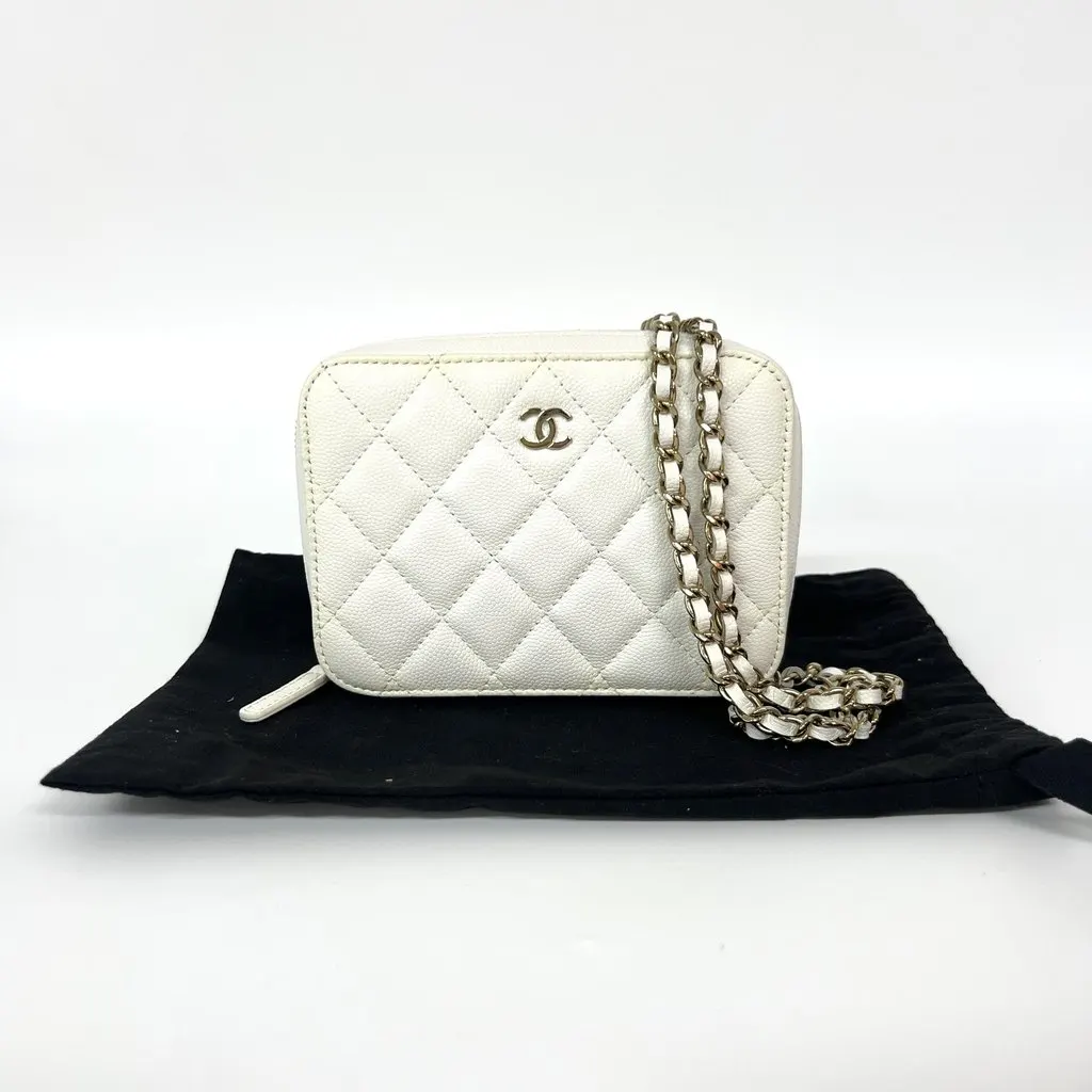 Chanel Caviar Quilted Mini Camera Case White Champagne Gold Gold Leather Good - Back View