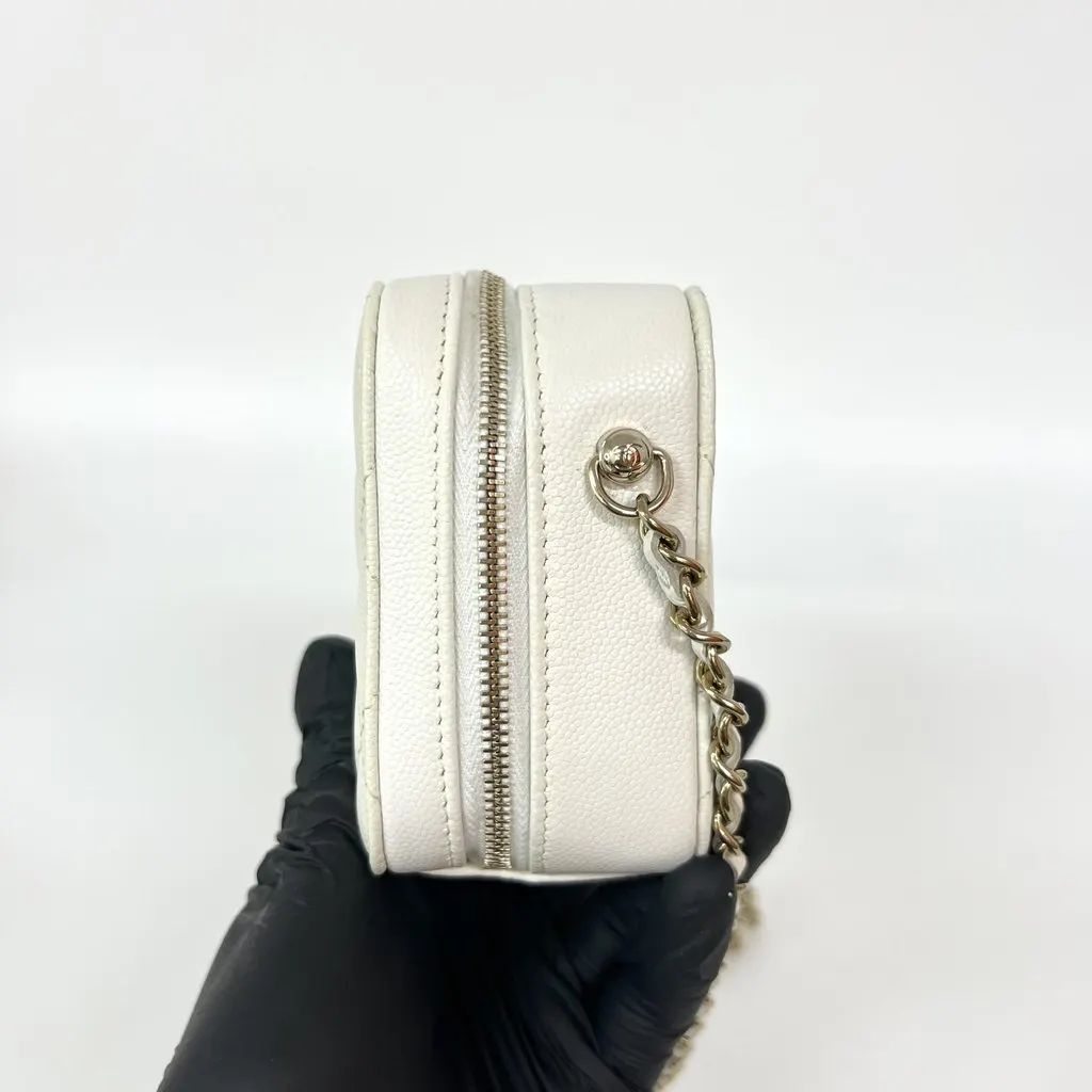 Chanel Caviar Quilted Mini Camera Case White Champagne Gold Gold Leather Good - Model View