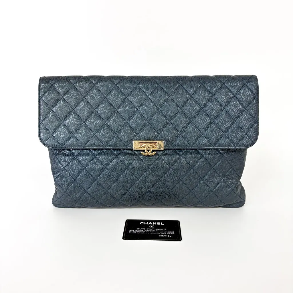 Chanel Classic Quilted Caviar Flap Clutch Large Navy Gold Hardware 25 Series Gold Leather Good - Back View