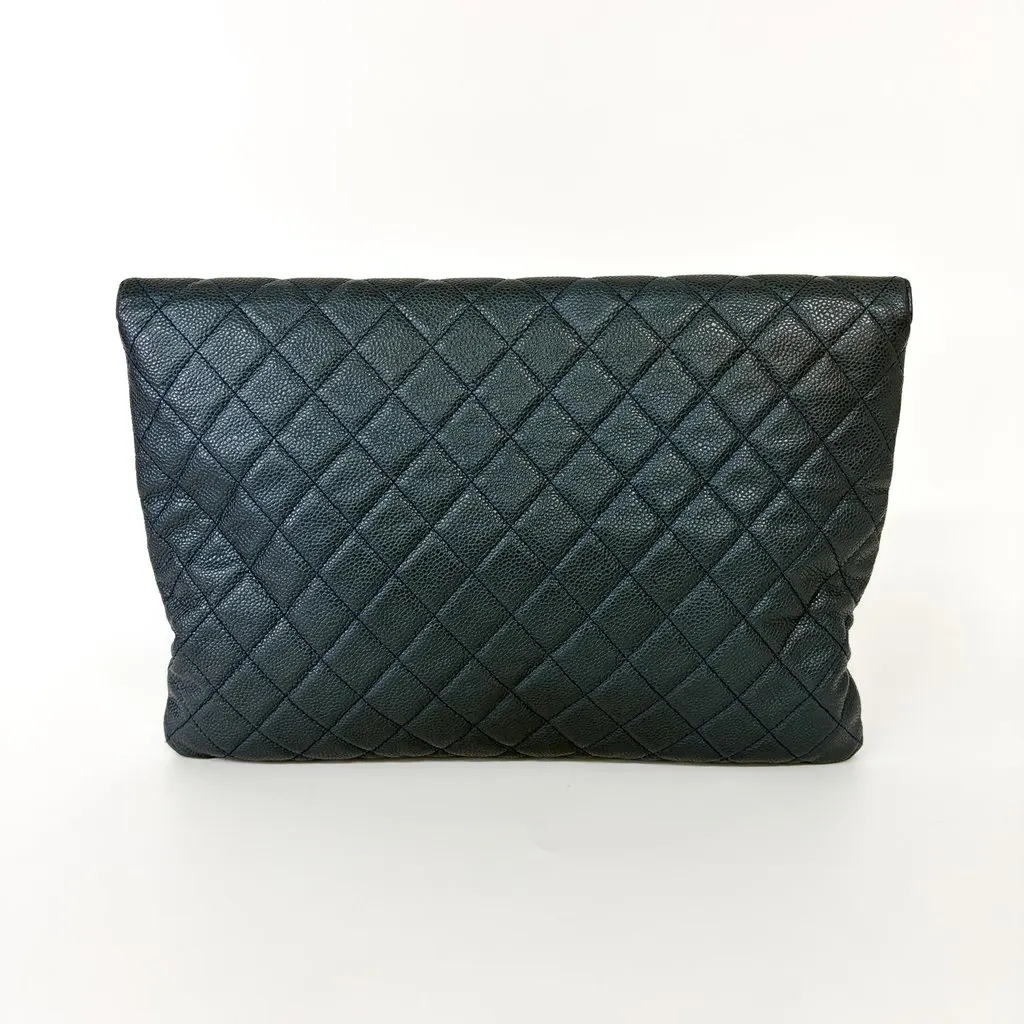 Chanel Classic Quilted Caviar Flap Clutch Large Navy Gold Hardware 25 Series Gold Leather Good - Inside View