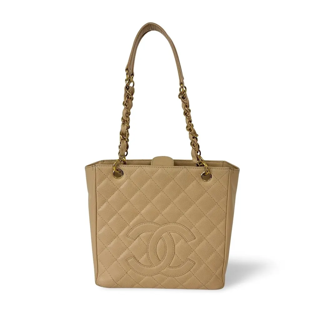 Chanel Petit Shopping Tote Bag Beige Caviar Gold Hardware Brown Leather Good - Front View