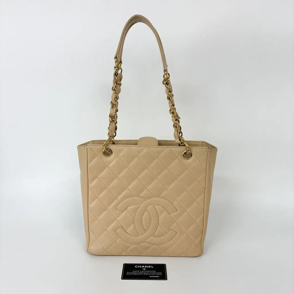Chanel Petit Shopping Tote Bag Beige Caviar Gold Hardware Brown Leather Good - Back View