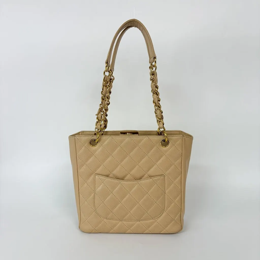 Chanel Petit Shopping Tote Bag Beige Caviar Gold Hardware Brown Leather Good - Inside View