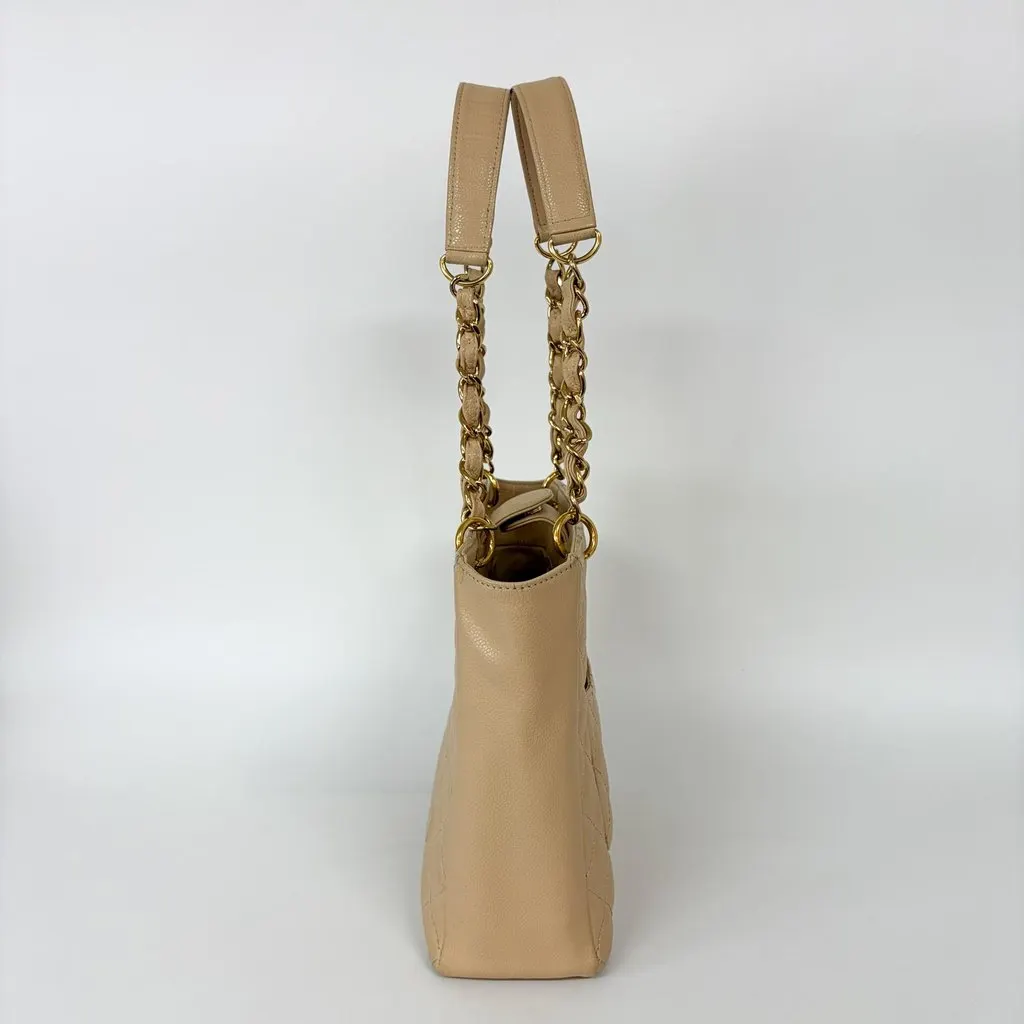 Chanel Petit Shopping Tote Bag Beige Caviar Gold Hardware Brown Leather Good - Model View