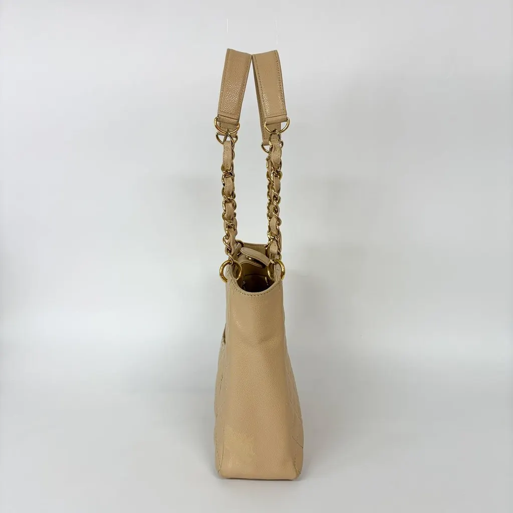 Chanel Petit Shopping Tote Bag Beige Caviar Gold Hardware Brown Leather Good - Box View