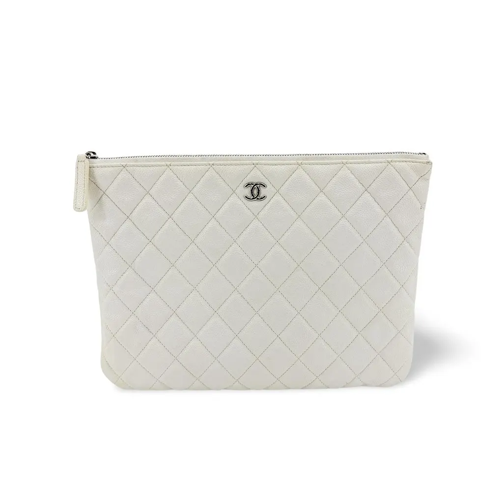Chanel Classic Large Pouch Grained Calfskin Silver Hardware White White Leather Good - Front View