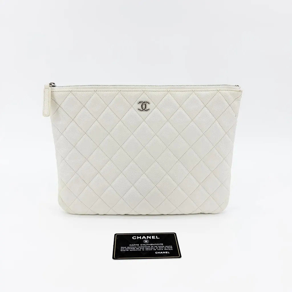 Chanel Classic Large Pouch Grained Calfskin Silver Hardware White White Leather Good - Back View