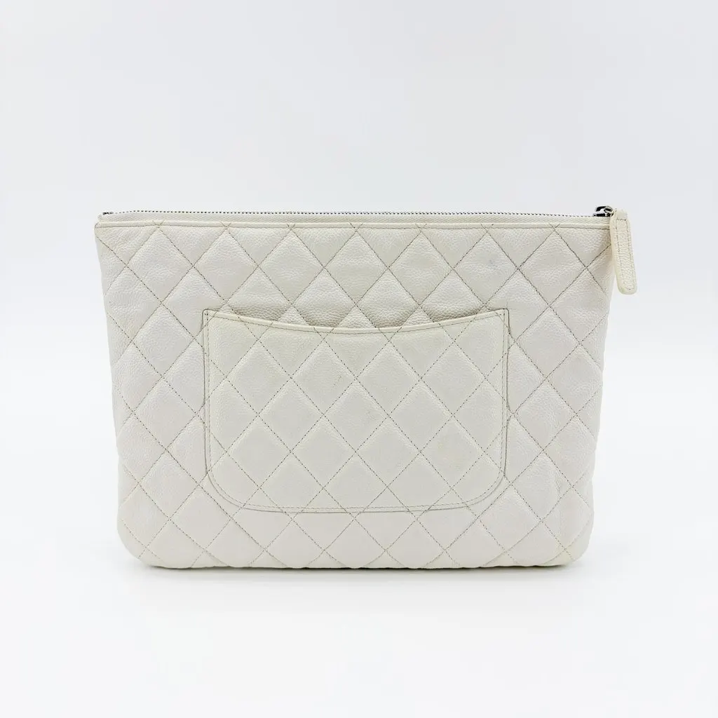 Chanel Classic Large Pouch Grained Calfskin Silver Hardware White White Leather Good - Inside View