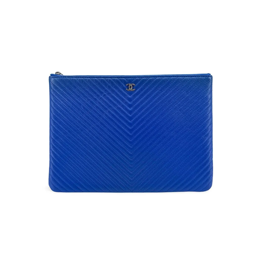 Chanel Chevron Grained Calfskin O-Case Medium Blue Silver Blue Leather Good - Front View