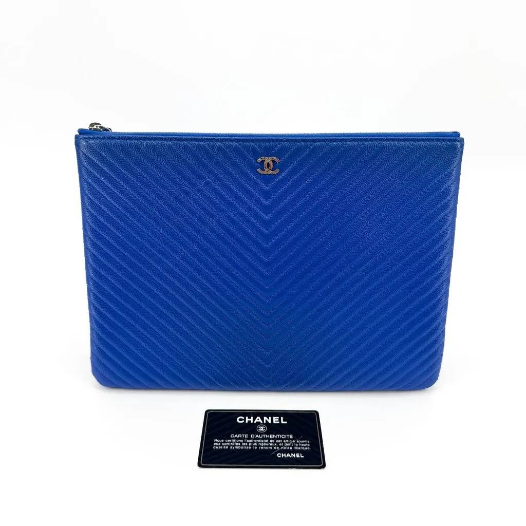 Chanel Chevron Grained Calfskin O-Case Medium Blue Silver Blue Leather Good - Back View