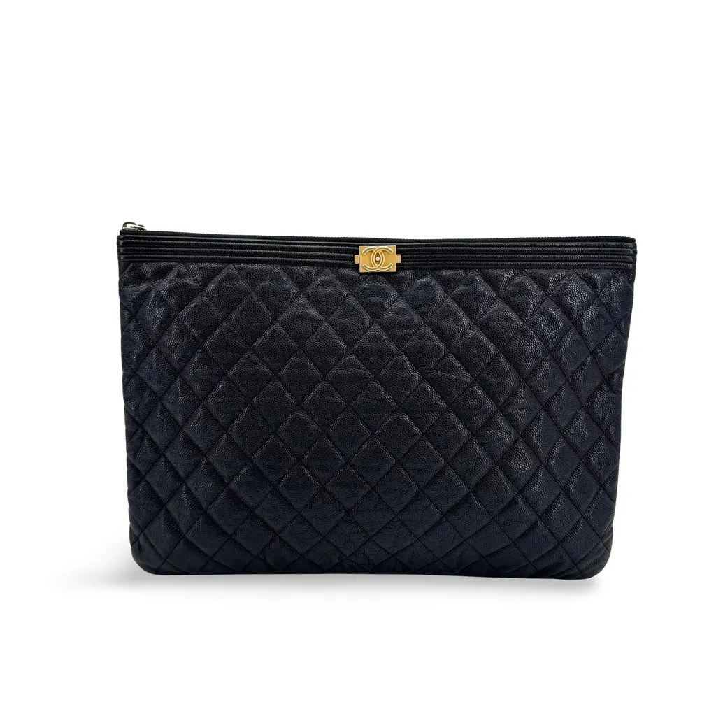 Chanel Boy O-Case Large Caviar Black Gold Black Leather Very good - Front View