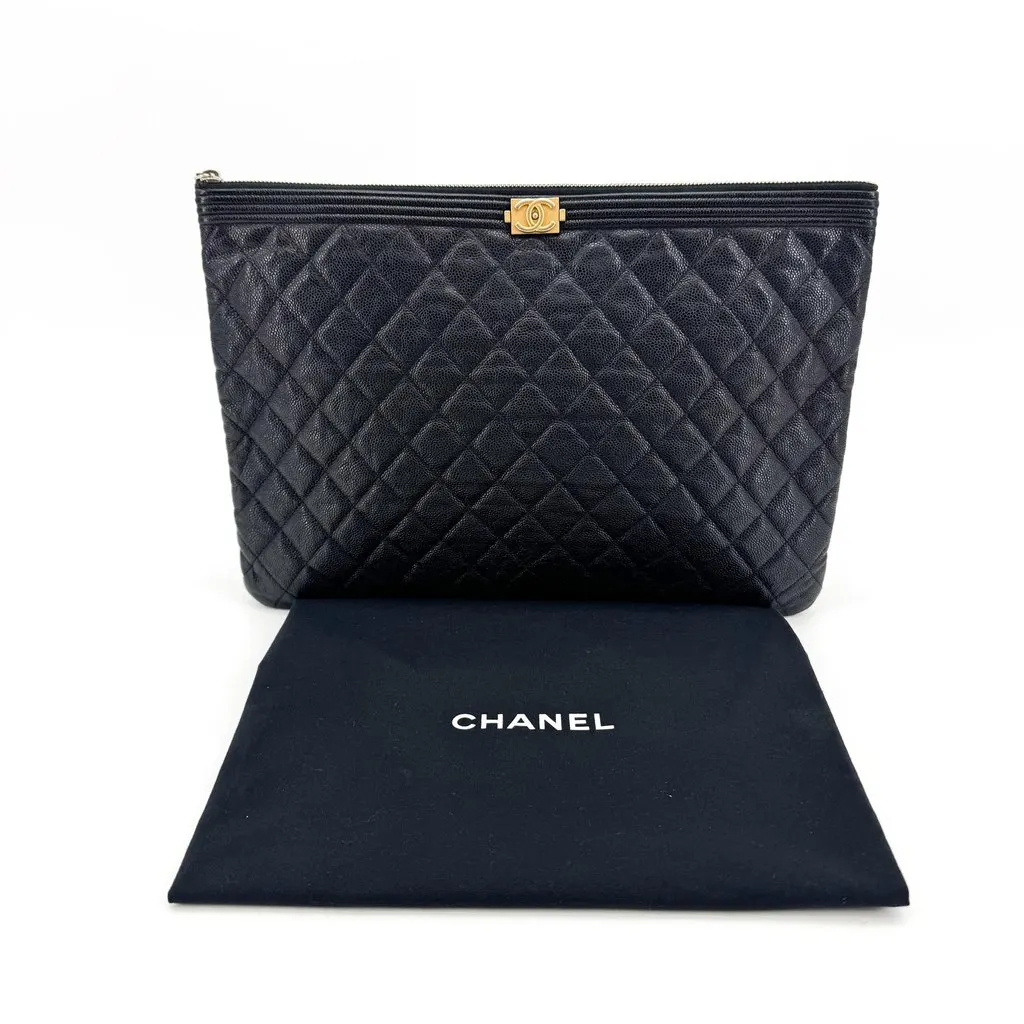 Chanel Boy O-Case Large Caviar Black Gold Black Leather Very good - Back View