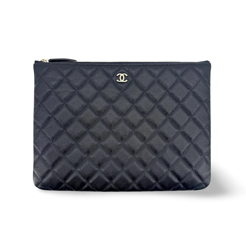 Chanel Classic Pouch New Medium Caviar Gold Hardware Black Black Leather Very good - Front View