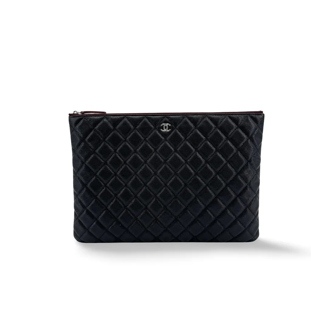 Chanel Classic Caviar O-Case Large Clutch Black Silver Hardware Black Leather Very good - Front View