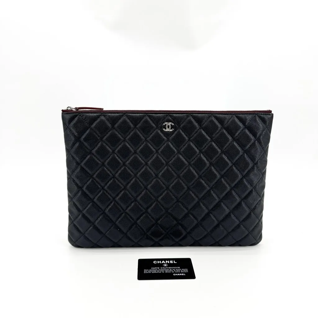 Chanel Classic Caviar O-Case Large Clutch Black Silver Hardware Black Leather Very good - Back View