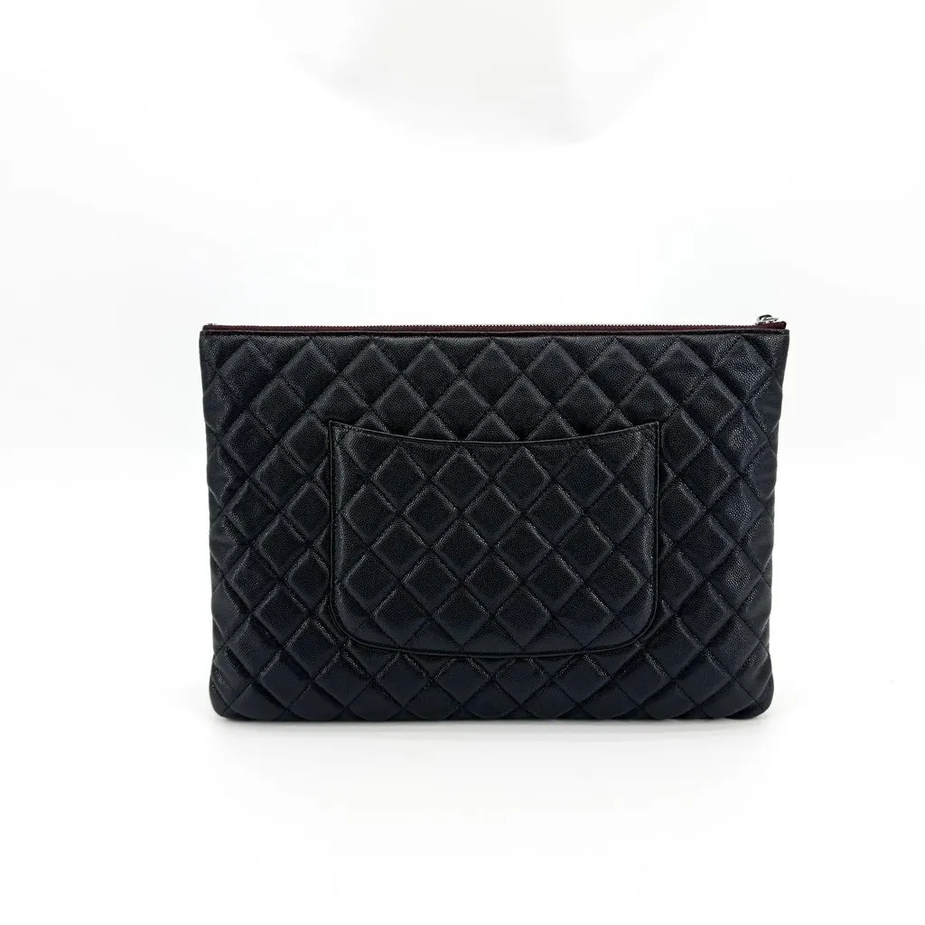Chanel Classic Caviar O-Case Large Clutch Black Silver Hardware Black Leather Very good - Inside View