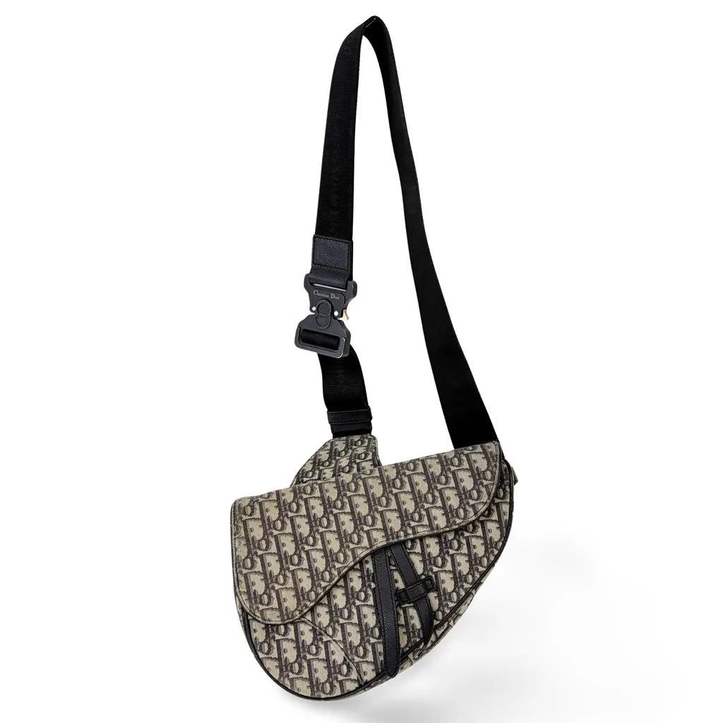 Dior Men's Oblique Saddle Bag Beige Black Beige Jacquard Good - Front View