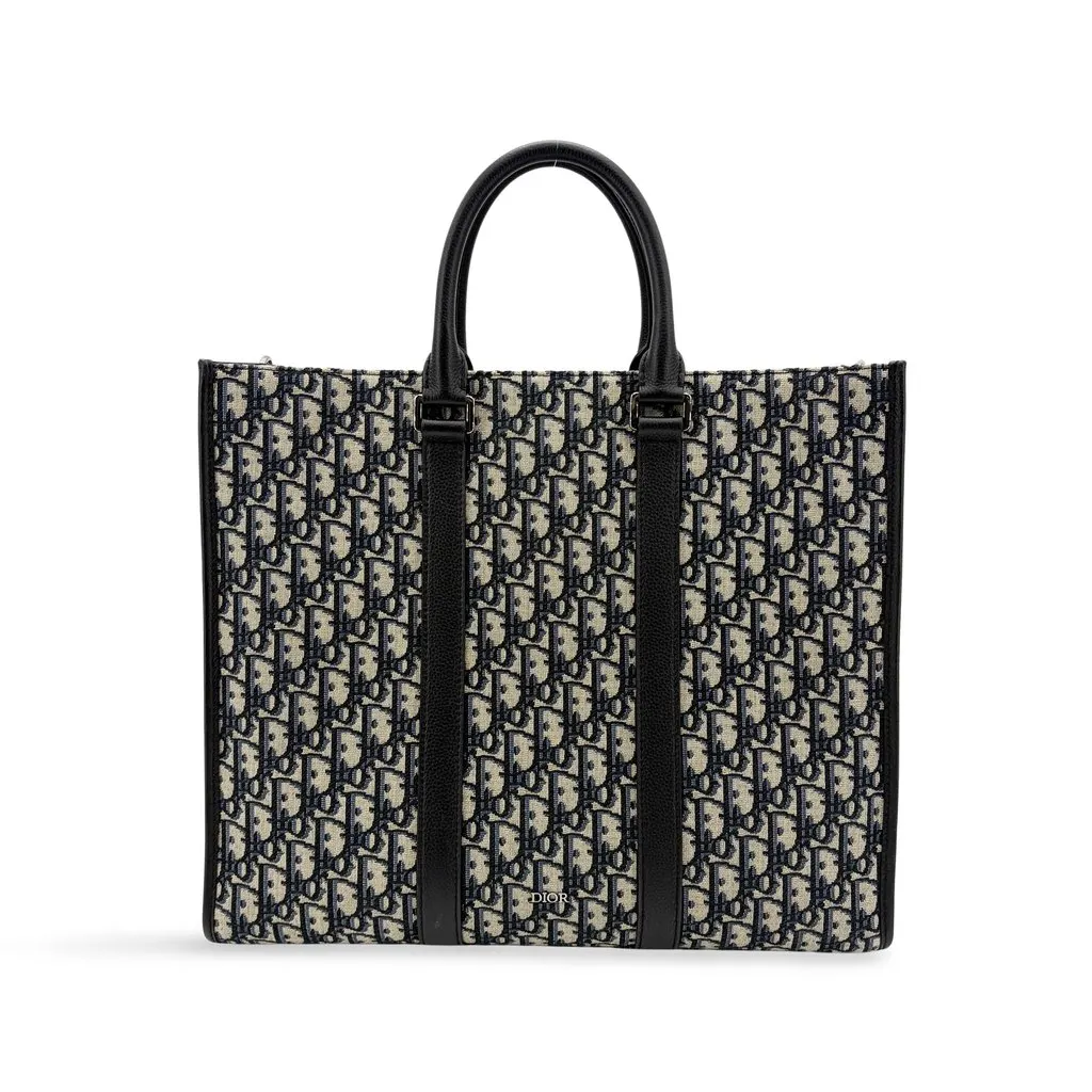 Dior Ringott Tote Bag Navy Oblique Jacquard Beige Jacquard Very good - Front View