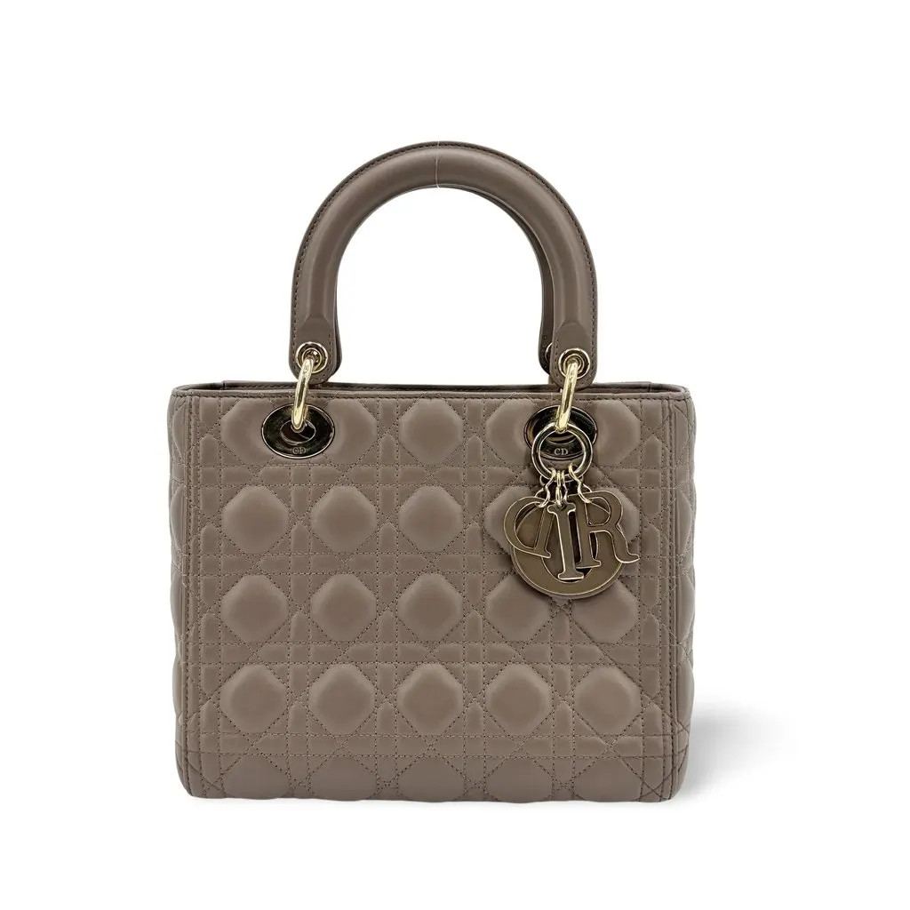 Dior Lady Dior Medium Bag Taupe Gold Hardware Gold Leather Very good - Front View