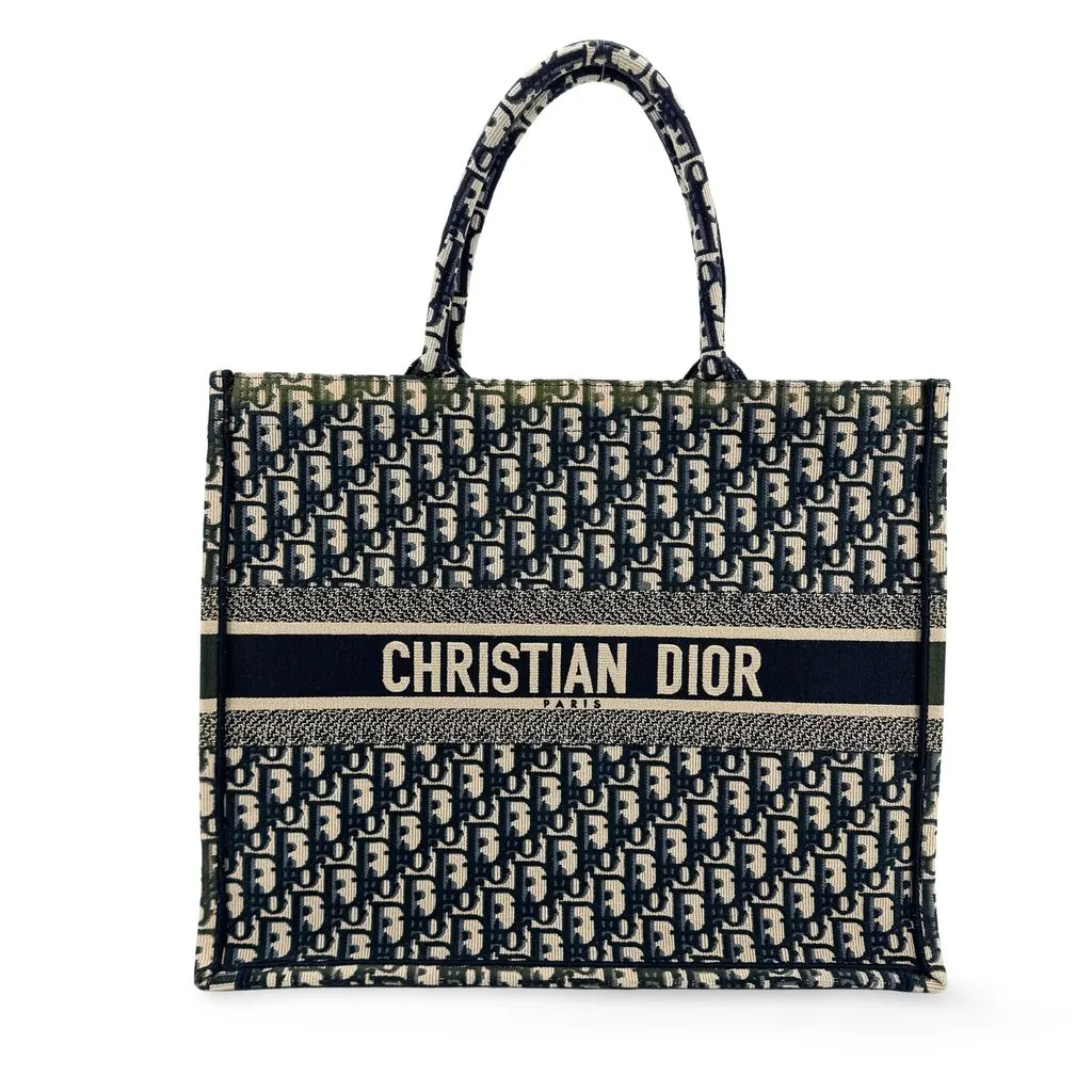 Dior Medium Book Tote Blue Dior Oblique Embroidery Beige Canvas Very good - Front View