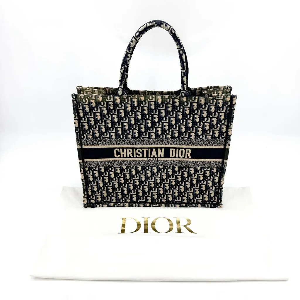 Dior Medium Book Tote Blue Dior Oblique Embroidery Beige Canvas Very good - Back View