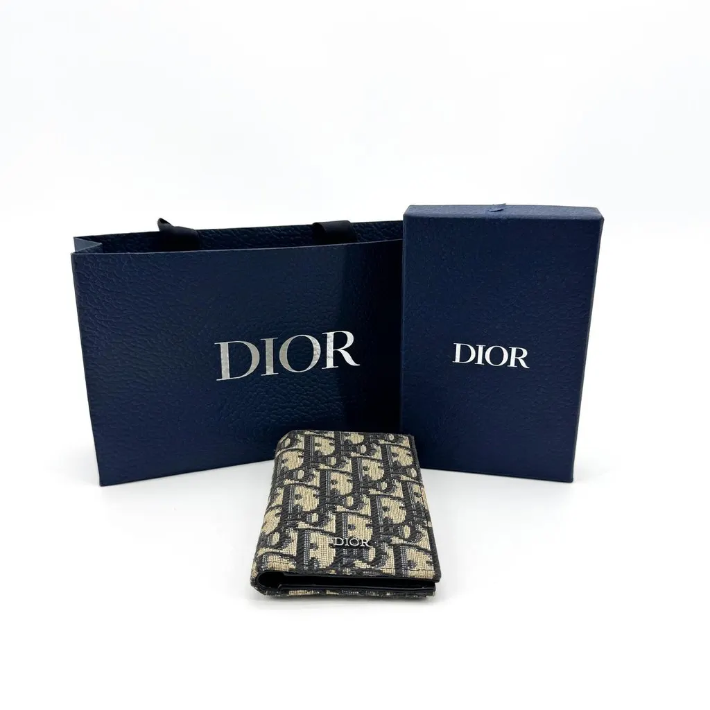 Dior Oblique 2-Fold Card Holder Navy Beige Beige Jacquard Very good - Back View