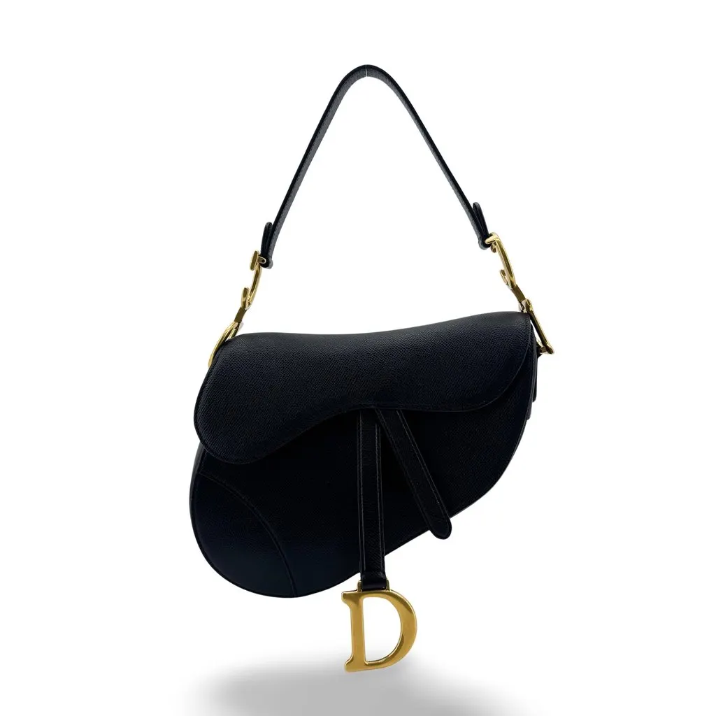 Dior Medium Saddle Bag Black Grained Calfskin Black Leather Very good - Front View