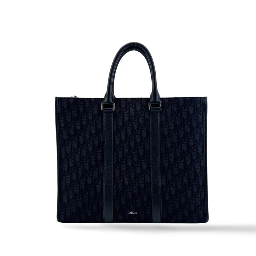 Dior Navy Oblique Jacquard Vertical Tote Bag Black Jacquard Good - Front View