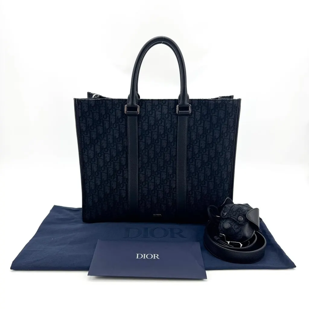 Dior Navy Oblique Jacquard Vertical Tote Bag Black Jacquard Good - Back View