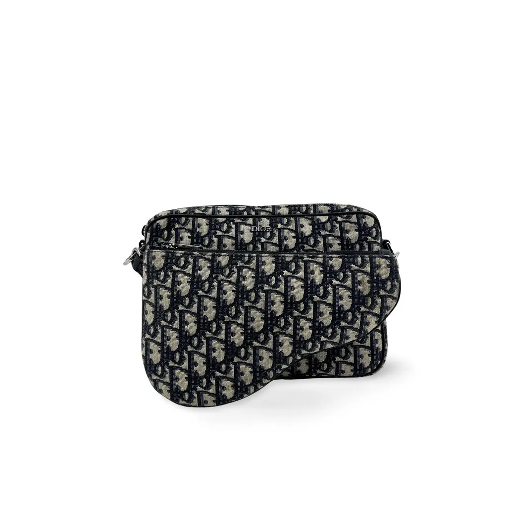 Dior Saddle Pouch Navy Dior Oblique Jacquard Beige Jacquard Very good - Front View
