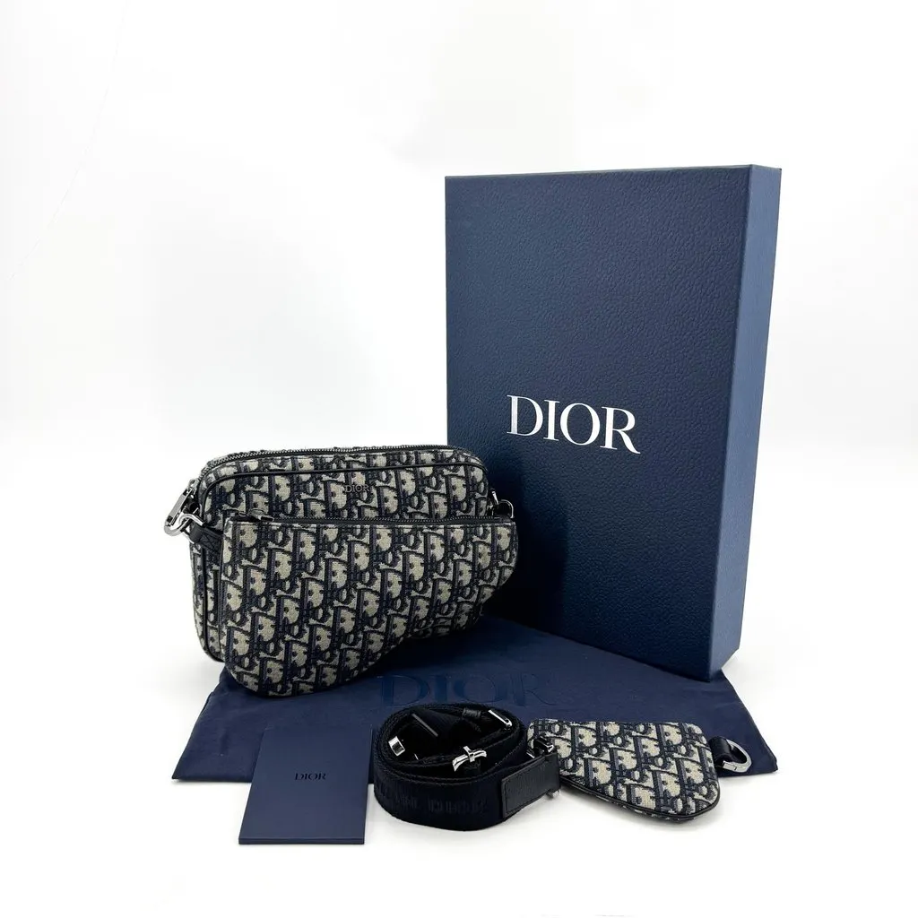 Dior Saddle Pouch Navy Dior Oblique Jacquard Beige Jacquard Very good - Back View