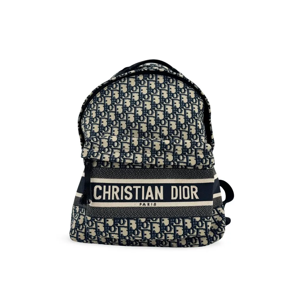 Dior DiorTravel Backpack Blue Oblique Beige Jacquard Good - Front View