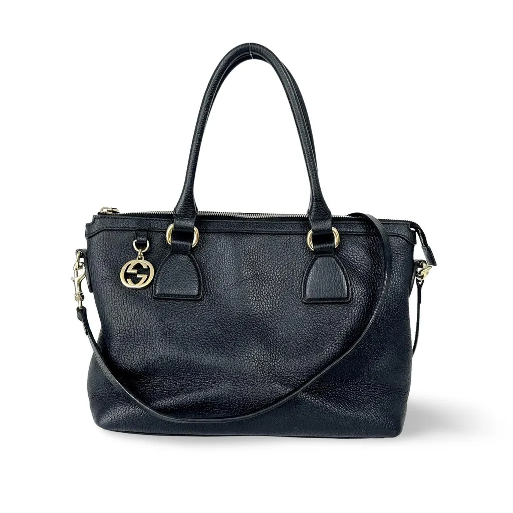 Gucci Interlocking G Medium Pebble Leather Tote Bag Black Black Fair - Front View