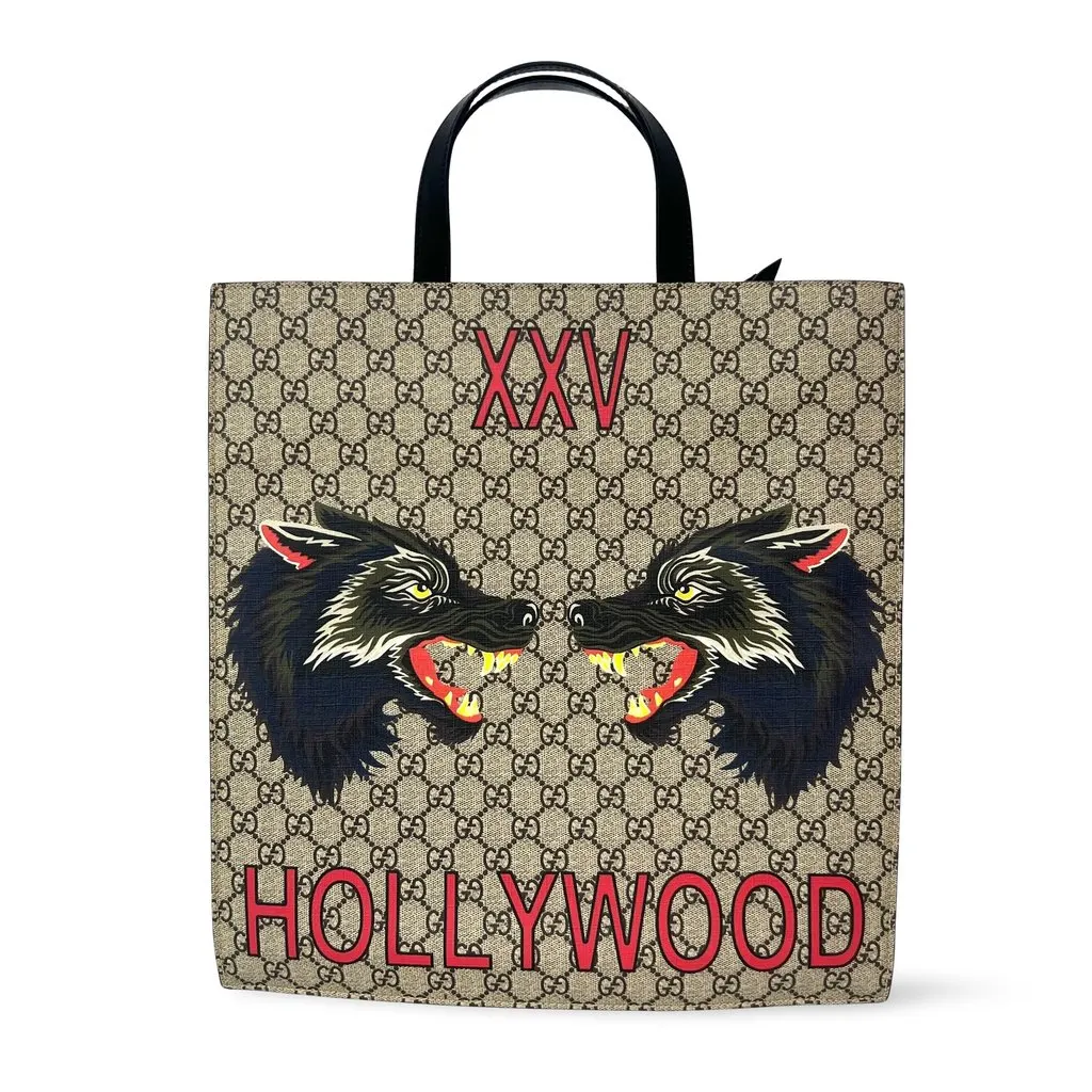 Gucci GG Supreme Hollywood Wolf Tote Bag Beige Beige Canvas Very good - Front View