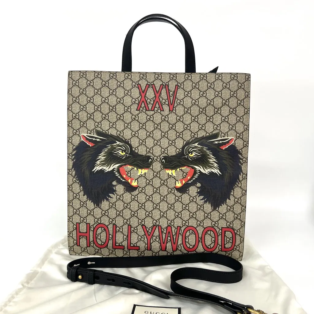 Gucci GG Supreme Hollywood Wolf Tote Bag Beige Beige Canvas Very good - Back View