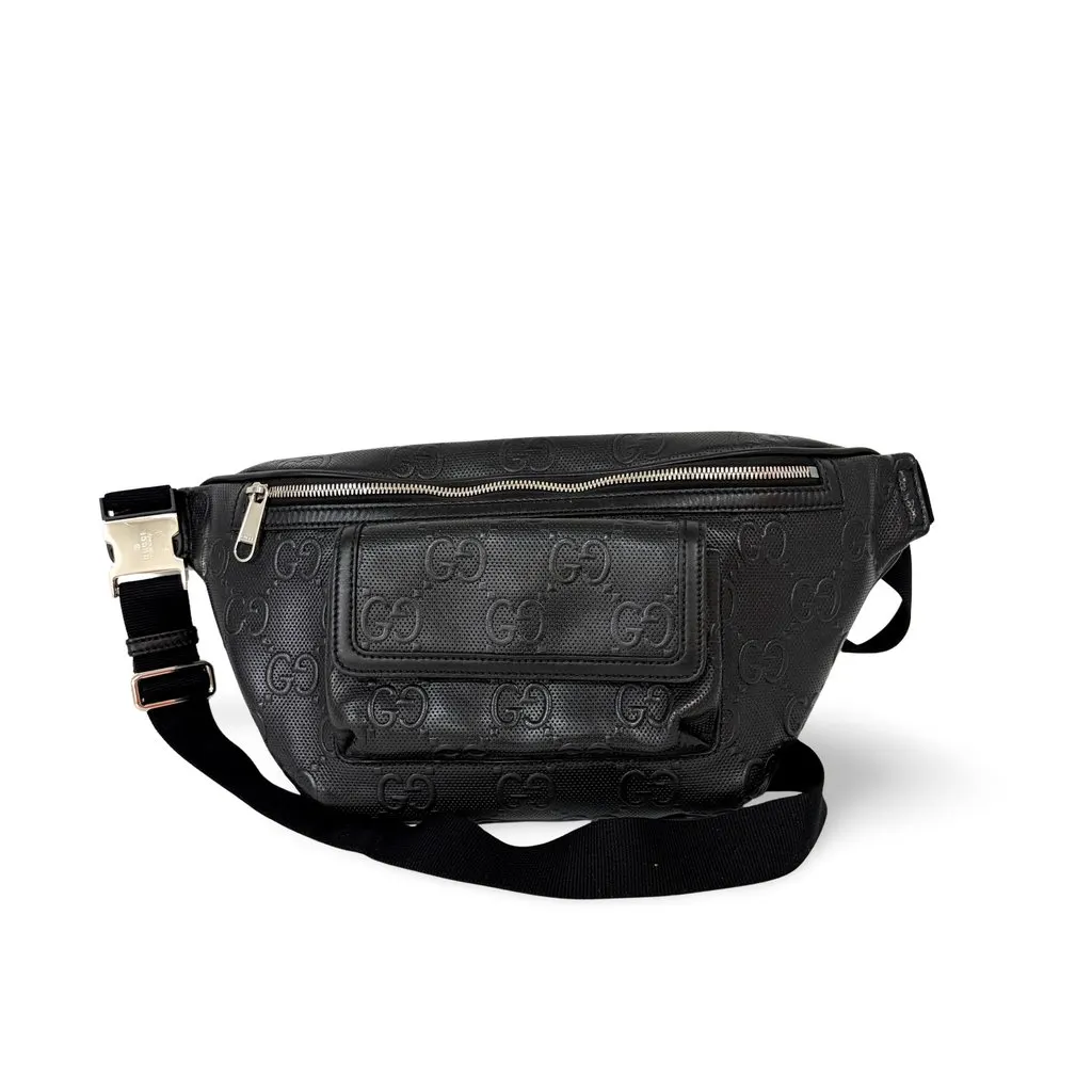 Gucci GG Embossed Belt Bag Black Black Leather Fair - Front View